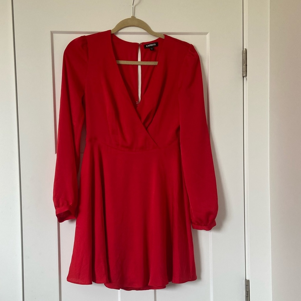 Express LONG SLEEVE SURPLICE FIT AND FLARE DRESS